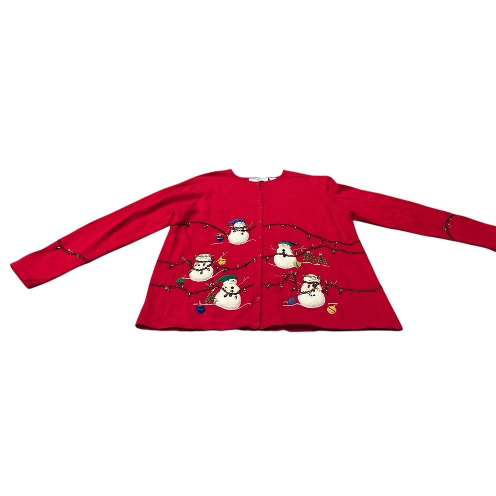 Marisa Christina Small Sweater Cardigan Snowman Red Hand Knit Hong Kong 1X